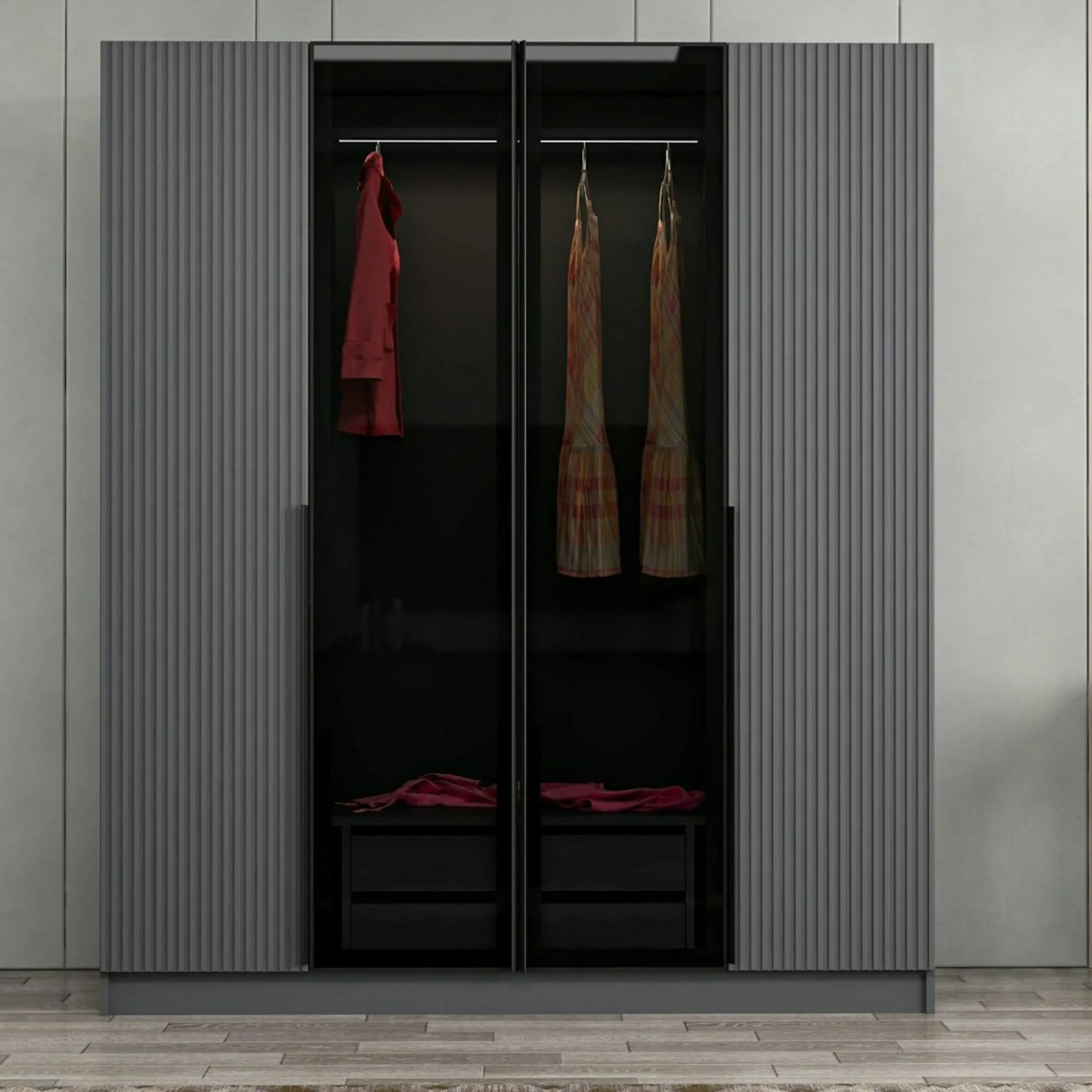 Armoire penderie grise 2 portes rainurées 2 vitrées BYRON