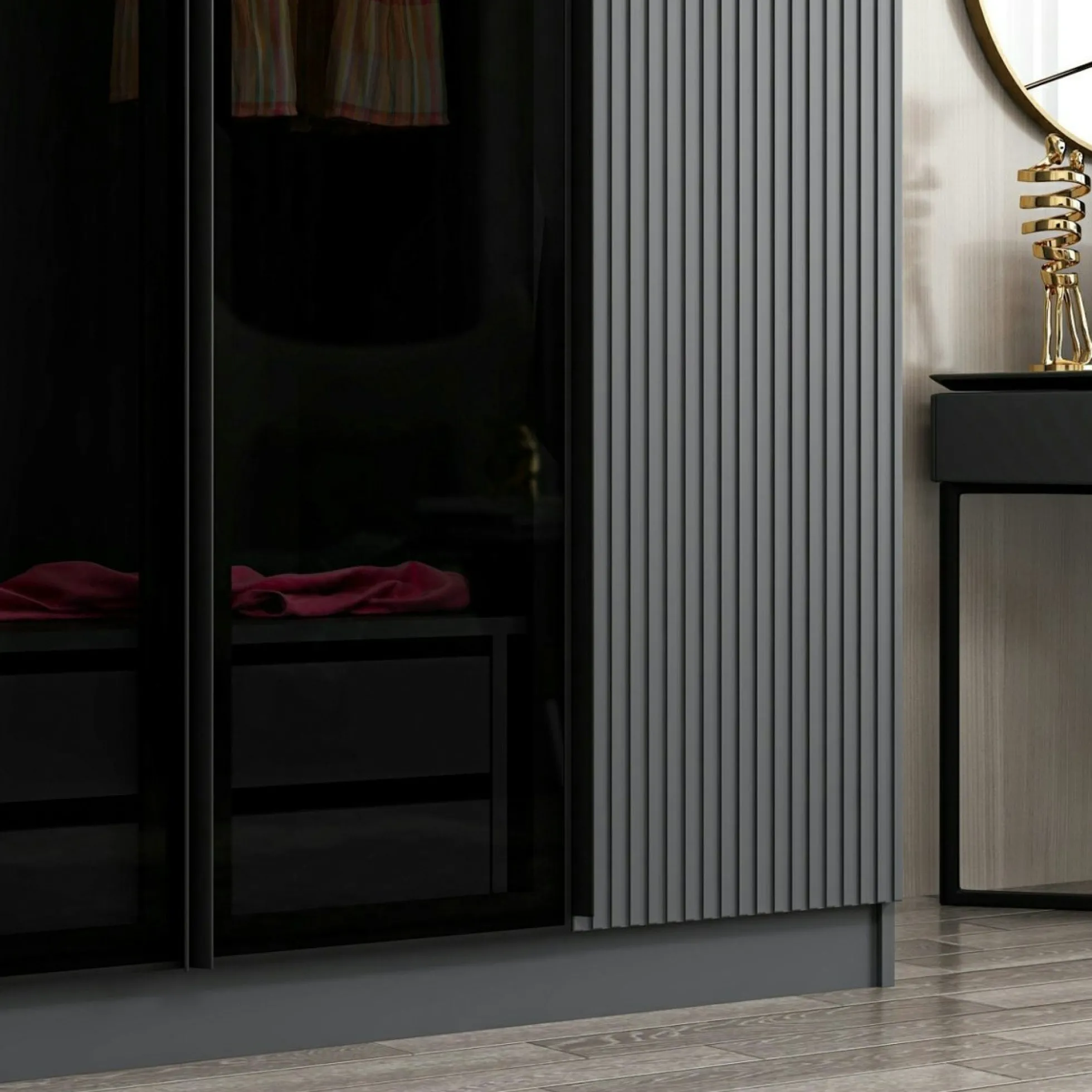 Armoire penderie grise 2 portes rainurées 2 vitrées BYRON