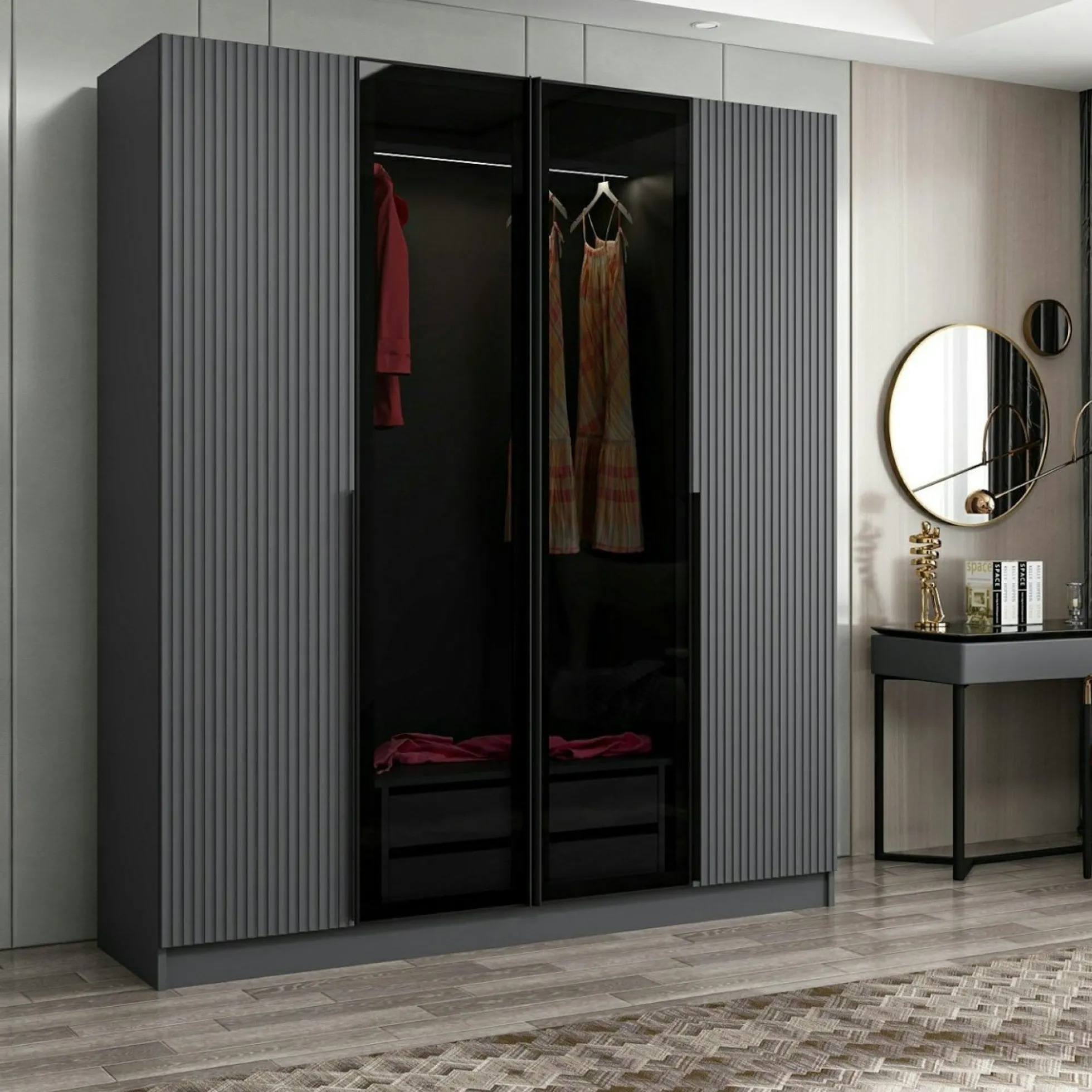 Armoire penderie grise 2 portes rainurées 2 vitrées BYRON