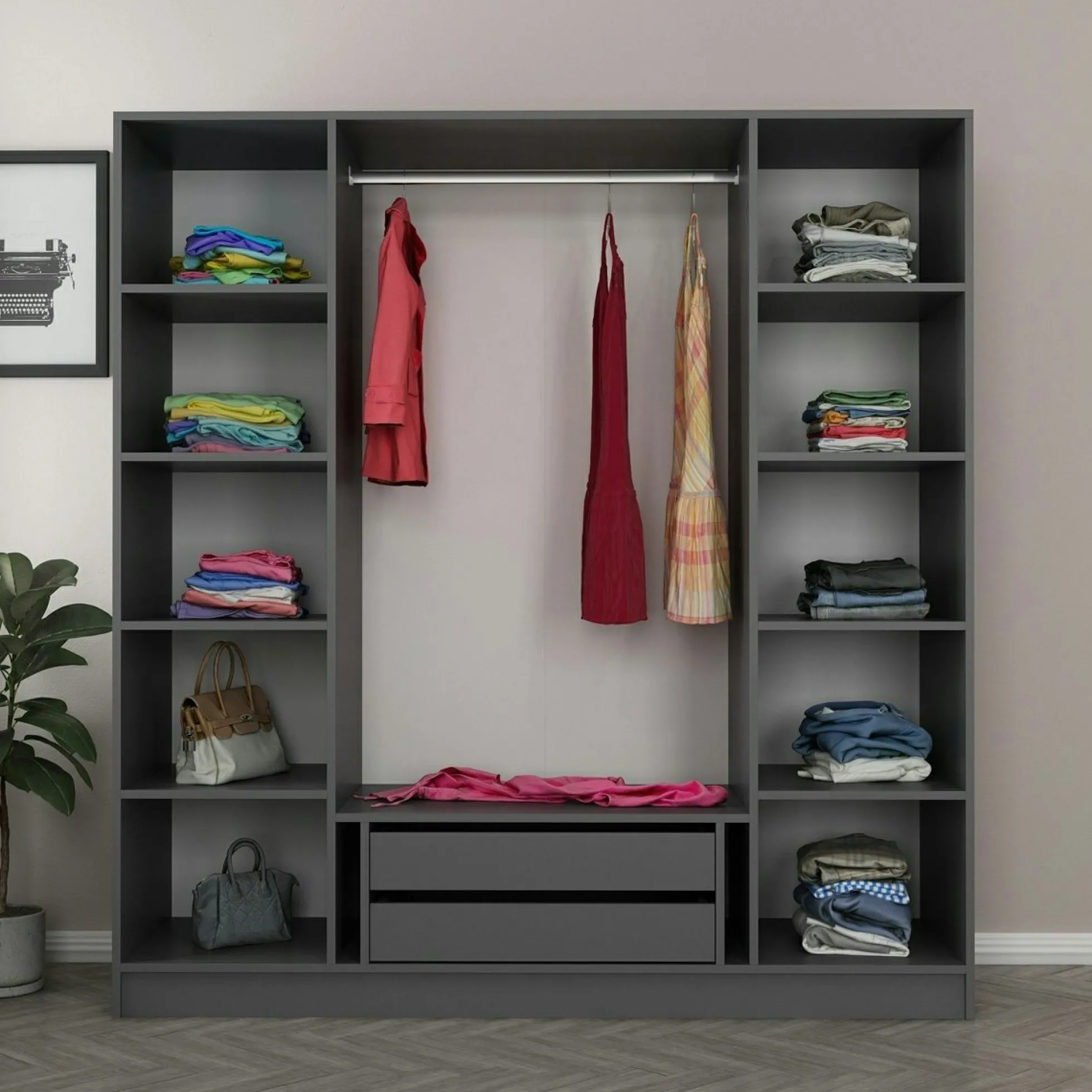 Armoire penderie grise 2 portes rainurées 2 vitrées BYRON