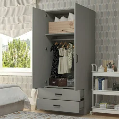 Armoire penderie grise 2 portes 2 tiroirs 80 cm BYRON