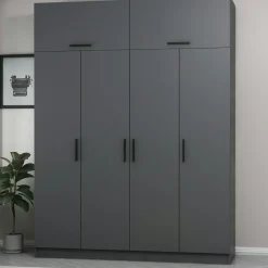 Armoire penderie grise 6 portes, 1 portant 2 tiroirs BYRON