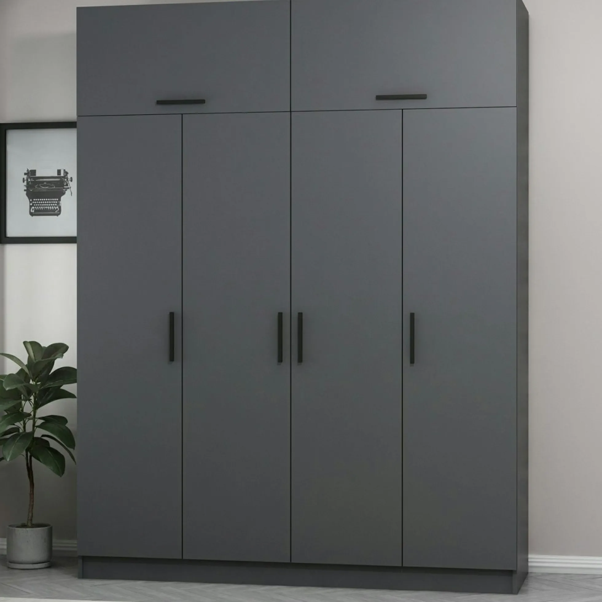 Armoire penderie grise 6 portes, 1 portant 2 tiroirs BYRON