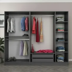 Armoire penderie grise 5 portes rainurées 3 portants BYRON