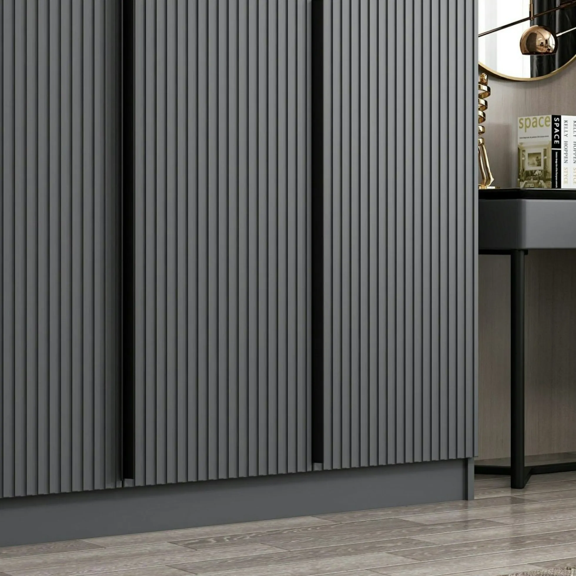 Armoire penderie grise 5 portes rainurées 3 portants BYRON