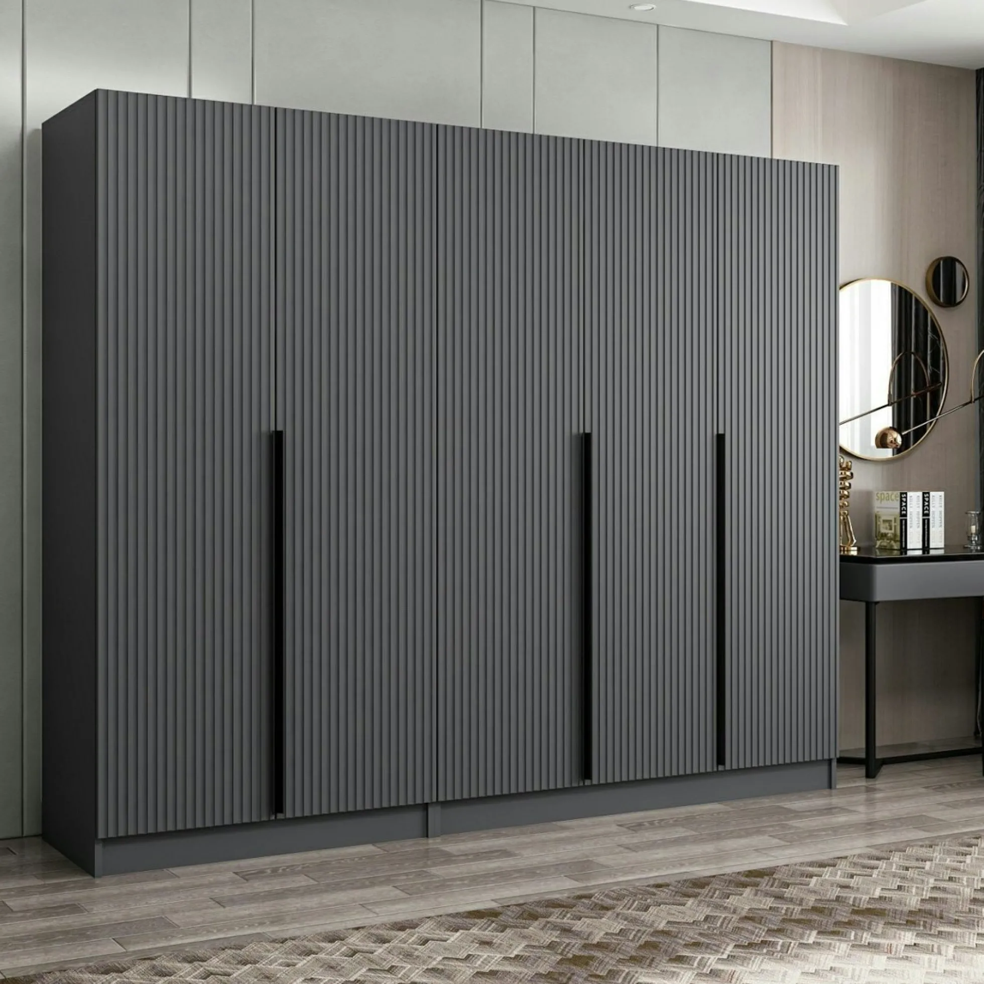 Armoire penderie grise 5 portes rainurées 3 portants BYRON