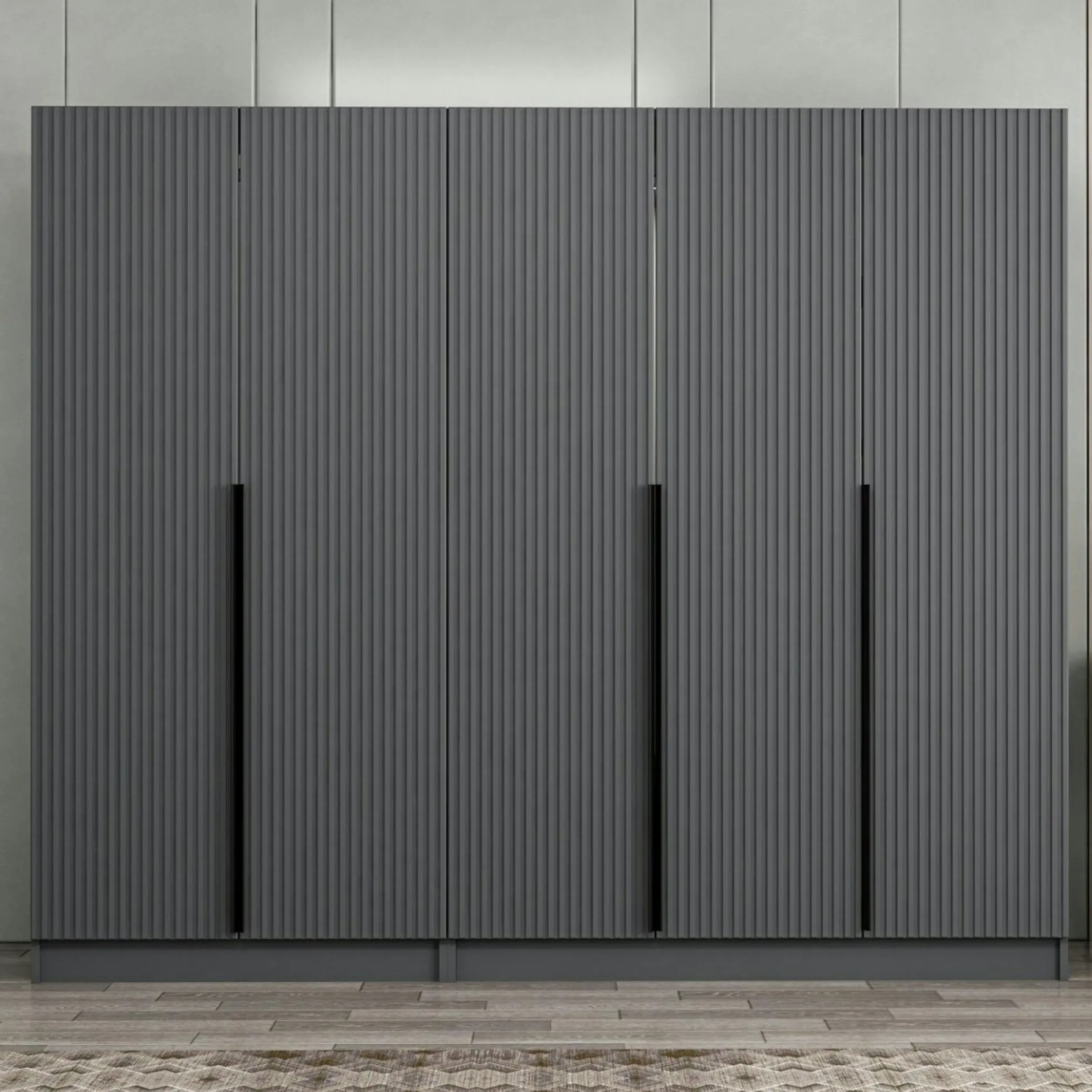 Armoire penderie grise 5 portes rainurées 3 portants BYRON