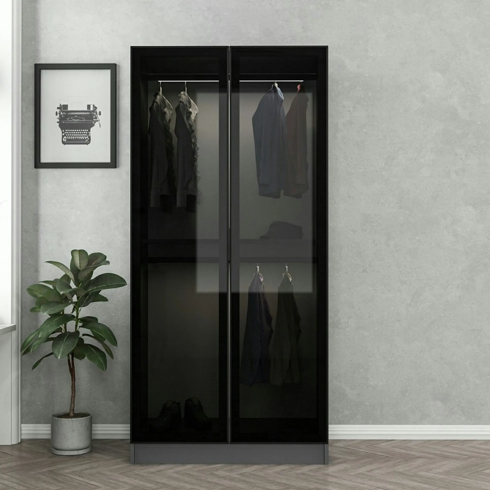 Armoire penderie grise vitrée - 2 portes H.210 cm BYRON