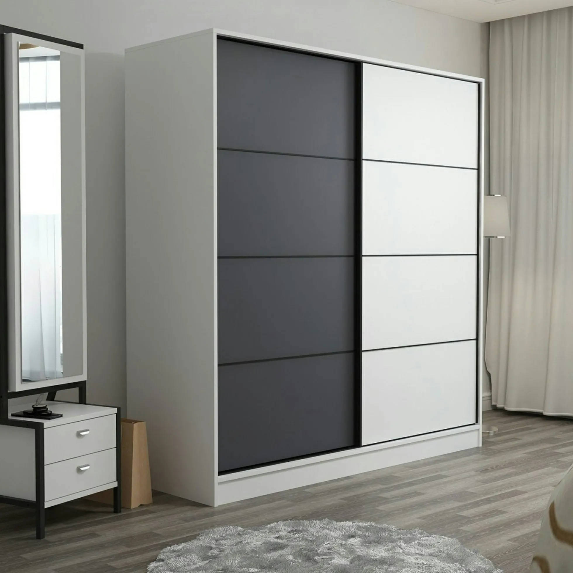 Armoire penderie moderne blanc et gris L. 180 cm BYRON