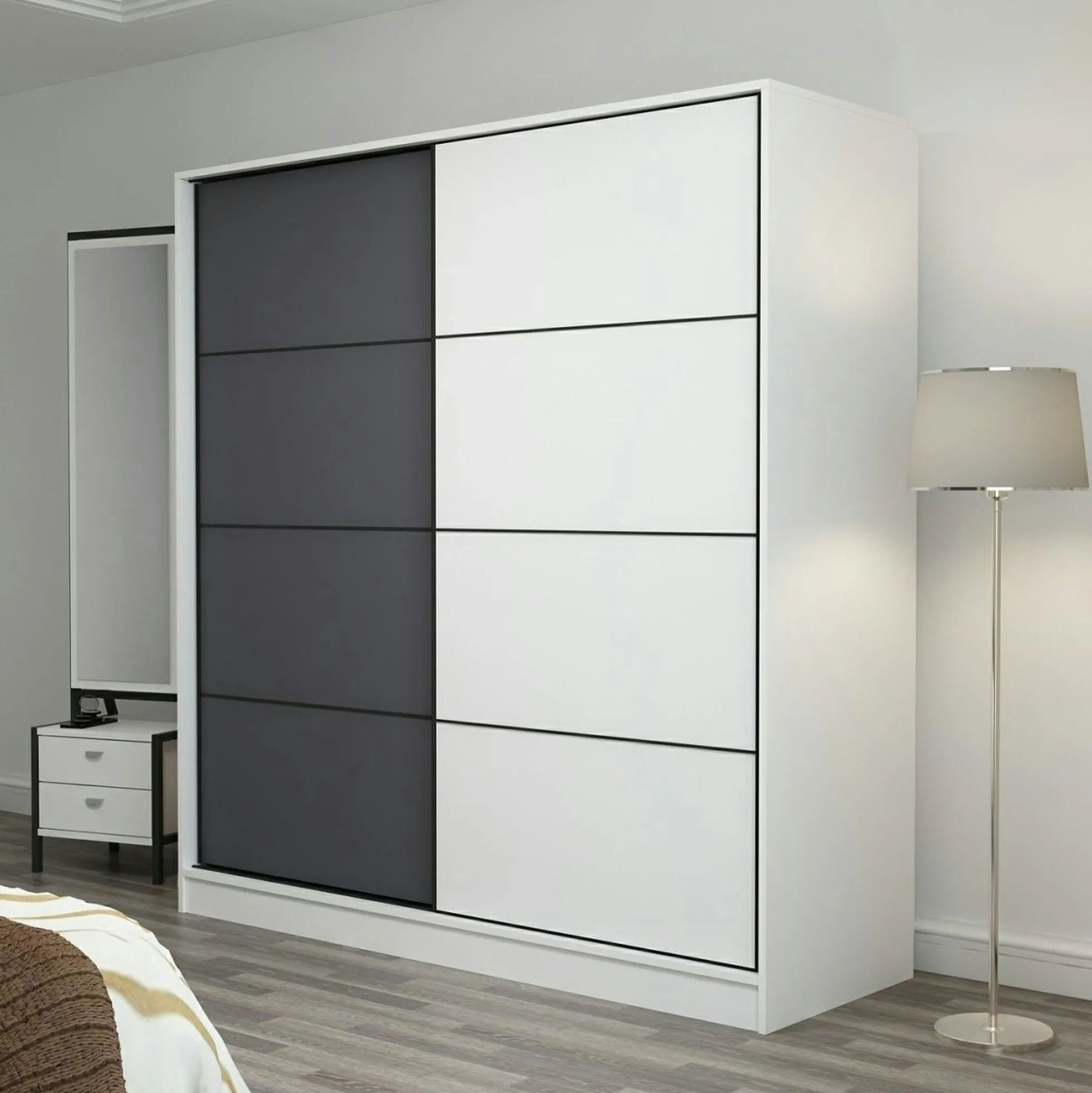 Armoire penderie moderne blanc et gris L. 180 cm BYRON