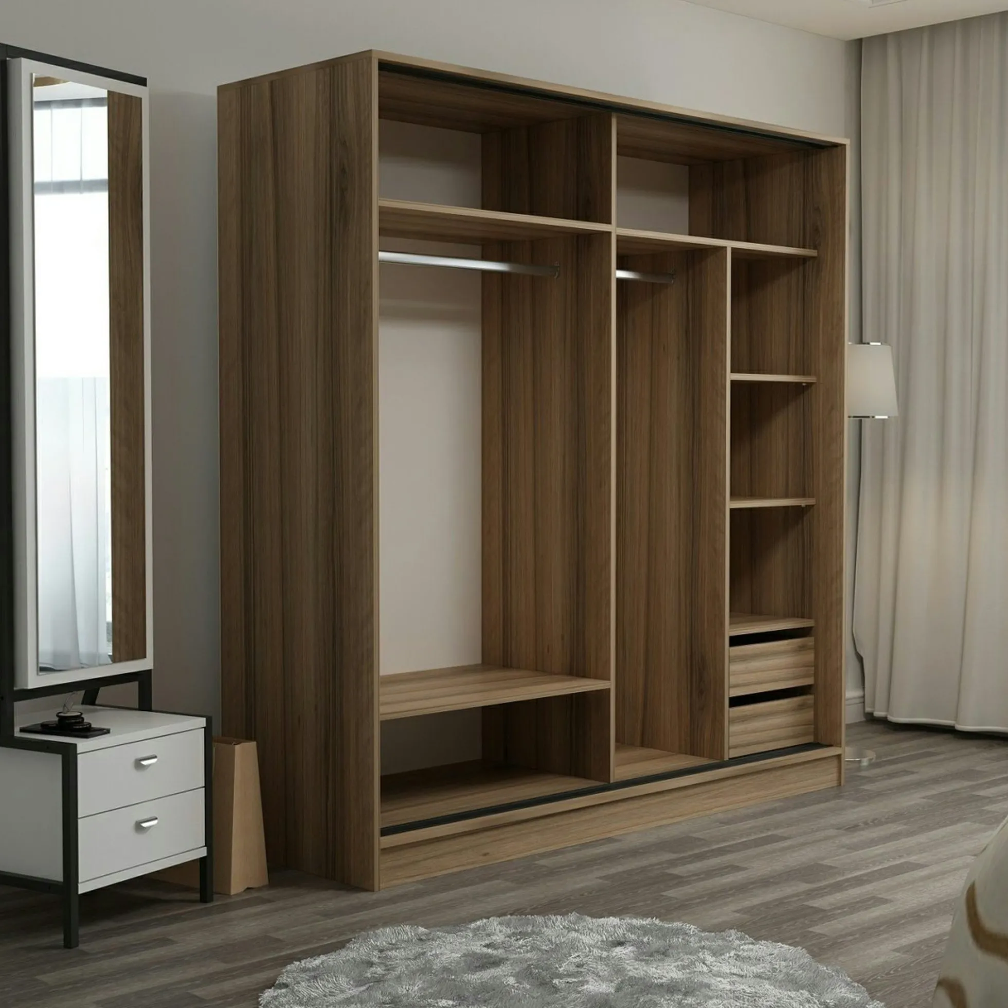 Armoire penderie moderne effet bois et gris L.180 cm BYRON