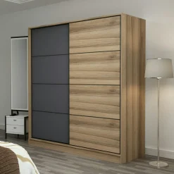Armoire penderie moderne effet bois et gris L.180 cm BYRON