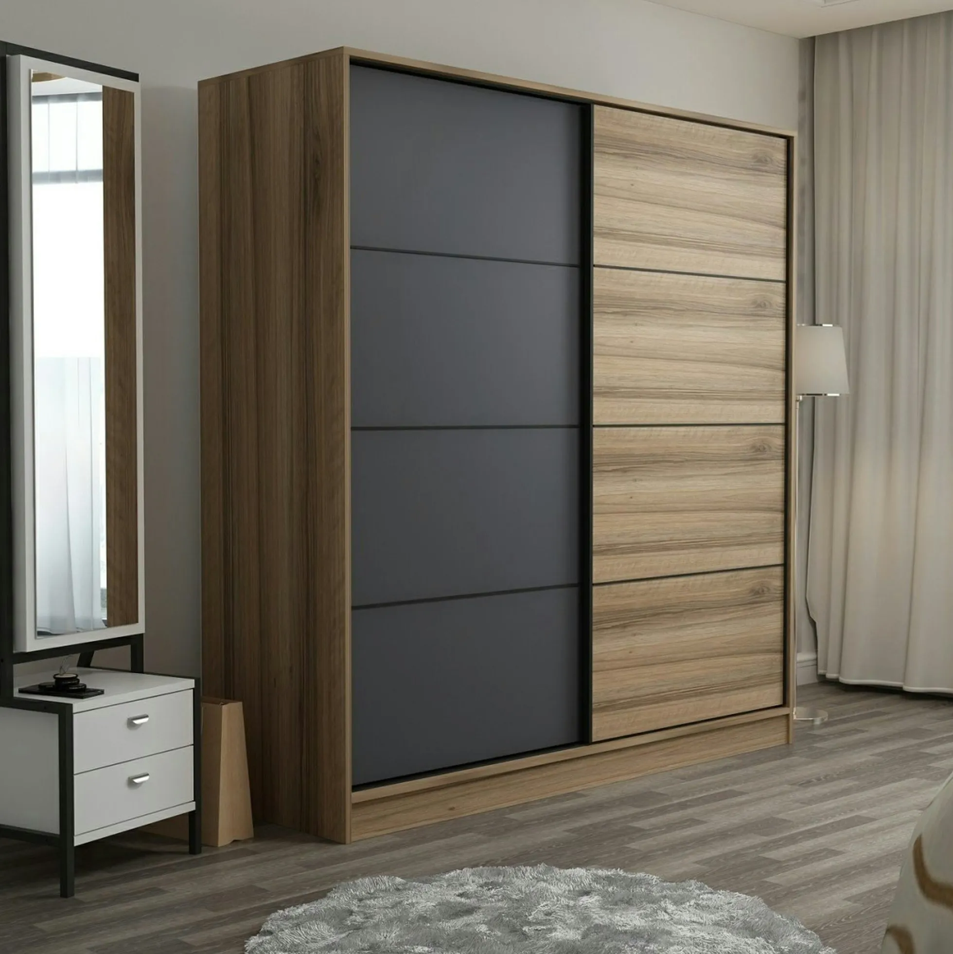Armoire penderie moderne effet bois et gris L.180 cm BYRON