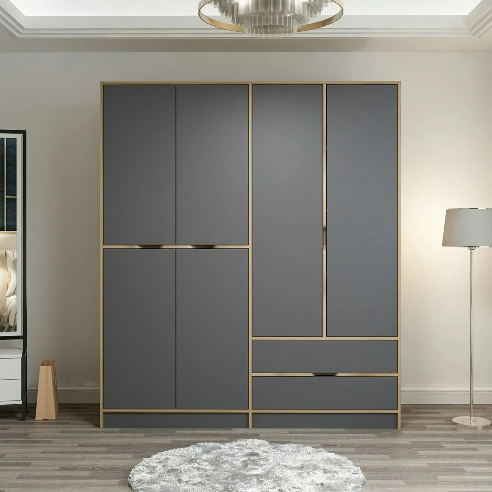 Armoire penderie moderne - 6 portes grises L.185 cm BYRON