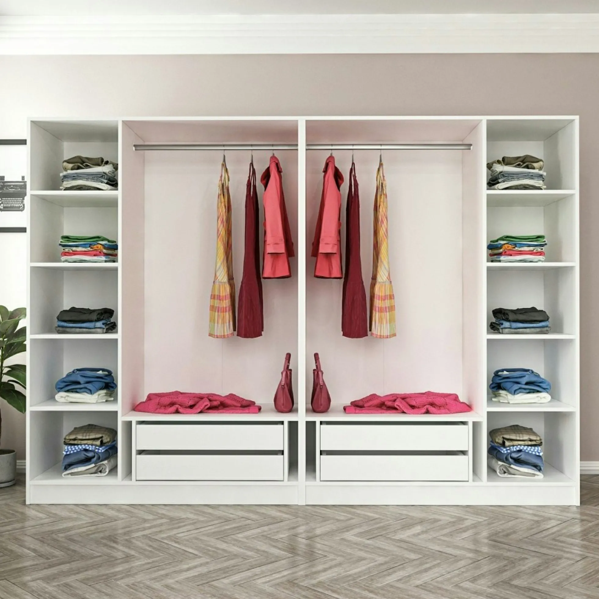 Armoire penderie ouverte blanche 2 portants 4 tiroirs BYRON