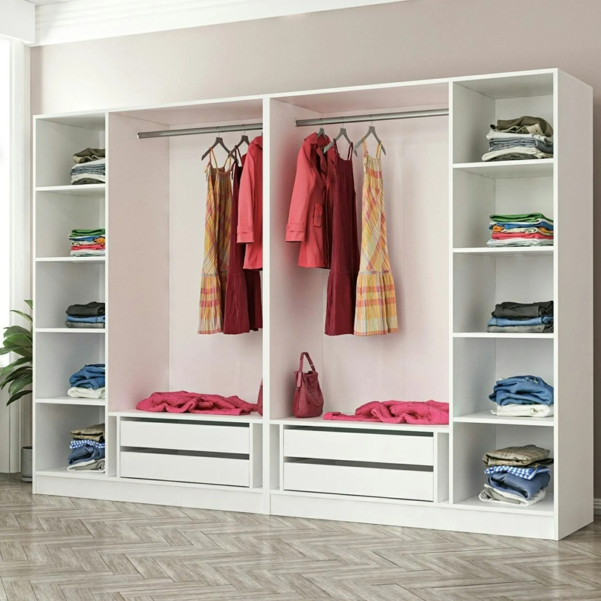 Armoire penderie ouverte blanche 2 portants 4 tiroirs BYRON