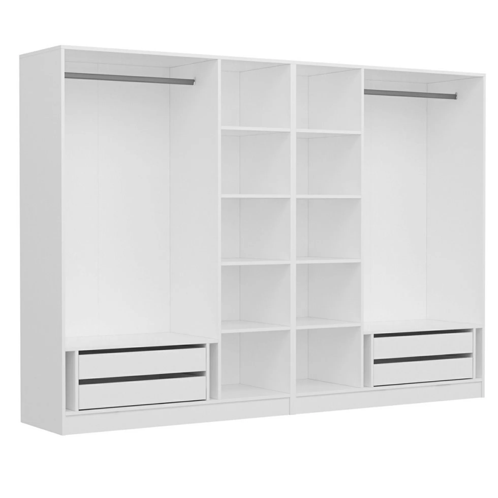 Armoire penderie ouverte blanche 2 portants 4 tiroirs BYRON