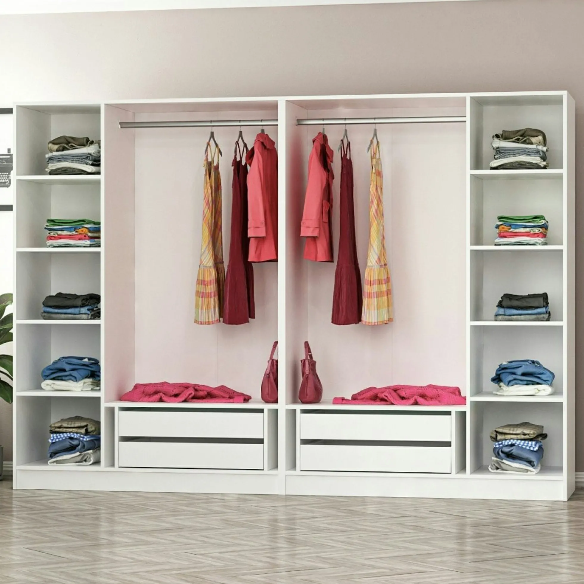 Armoire penderie ouverte blanche 2 portants 4 tiroirs BYRON