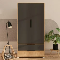 Armoire penderie 2 portes anthracite et effet bois BYRON