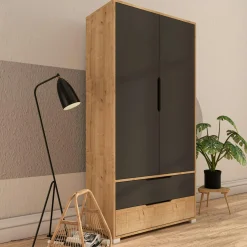 Armoire penderie 2 portes anthracite et effet bois BYRON