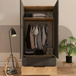 Armoire penderie 2 portes anthracite et effet bois BYRON