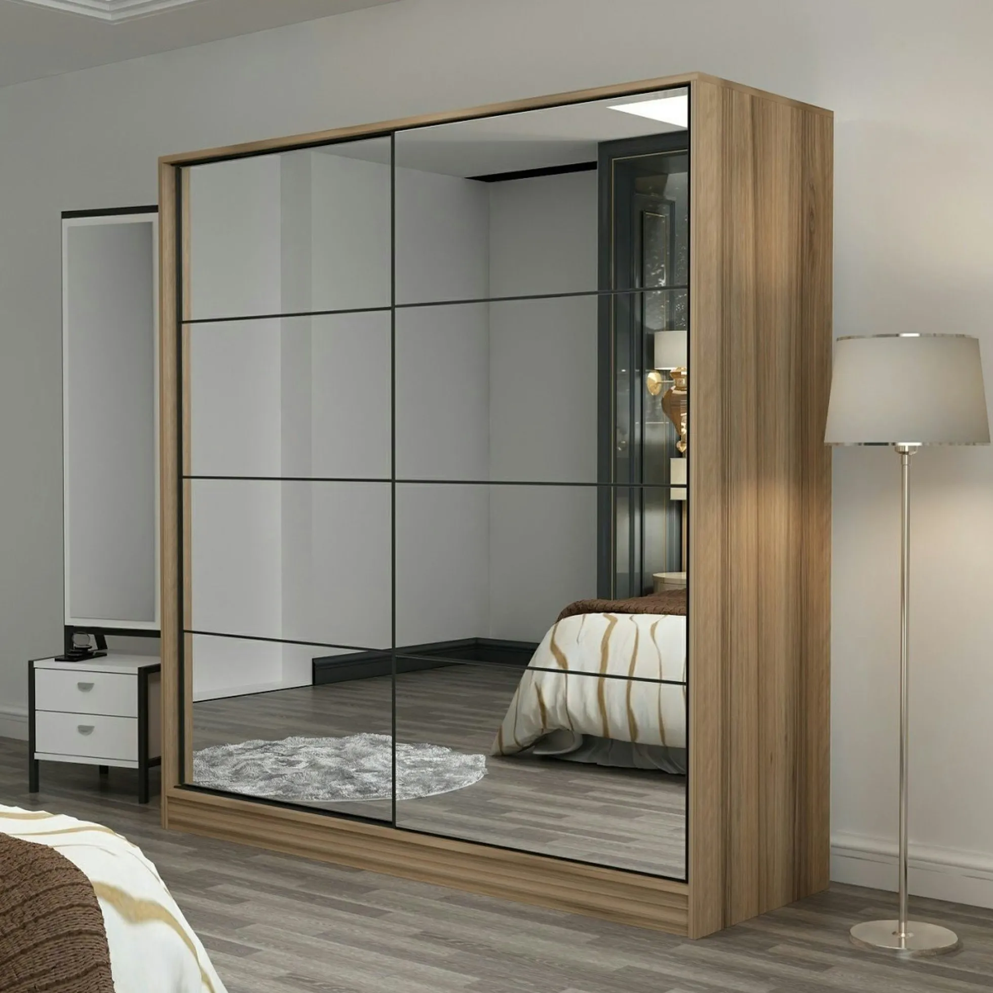 Armoire penderie portes coulissantes, effet bois & miroir BYRON