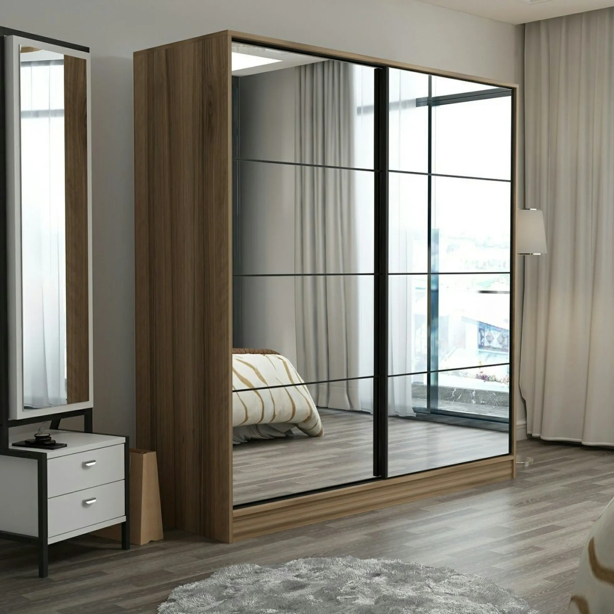Armoire penderie portes coulissantes, effet bois & miroir BYRON