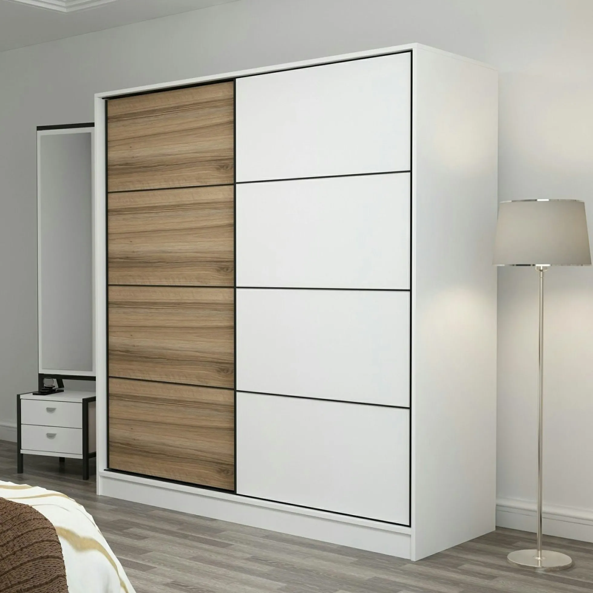 Armoire penderie à portes coulissantes, blanc & effet bois BYRON