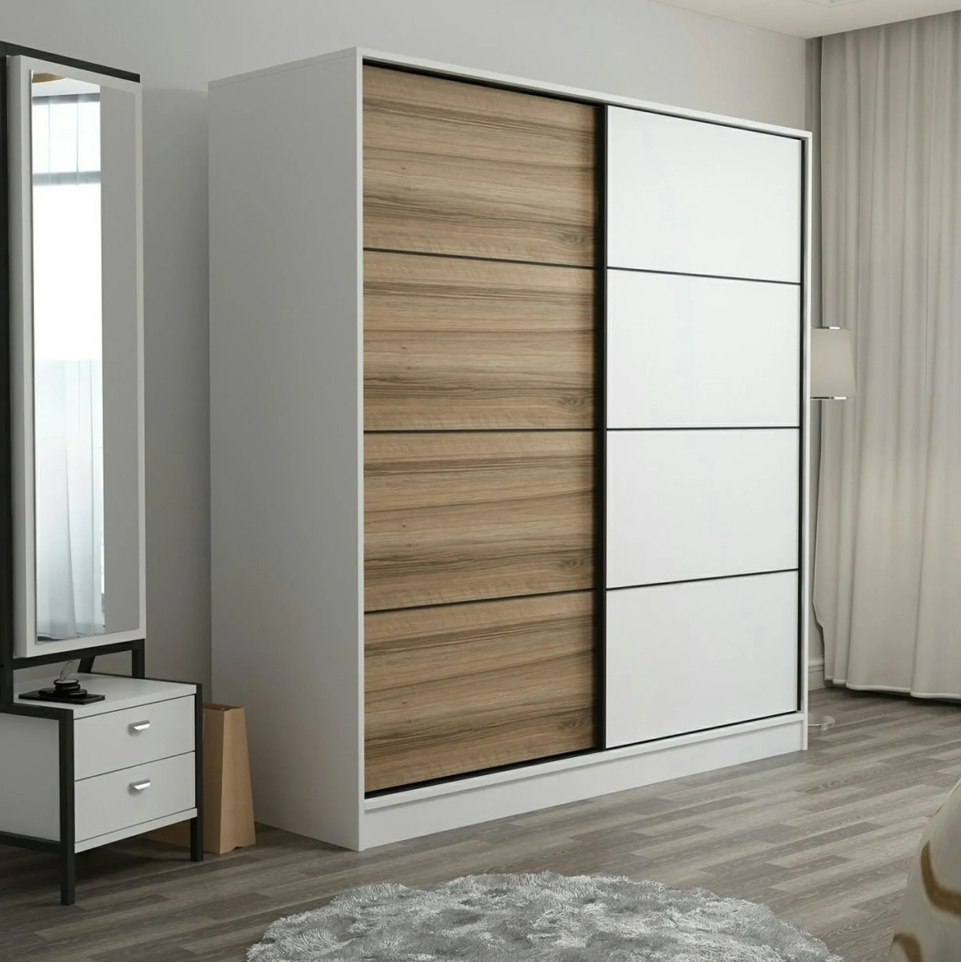 Armoire penderie à portes coulissantes, blanc & effet bois BYRON