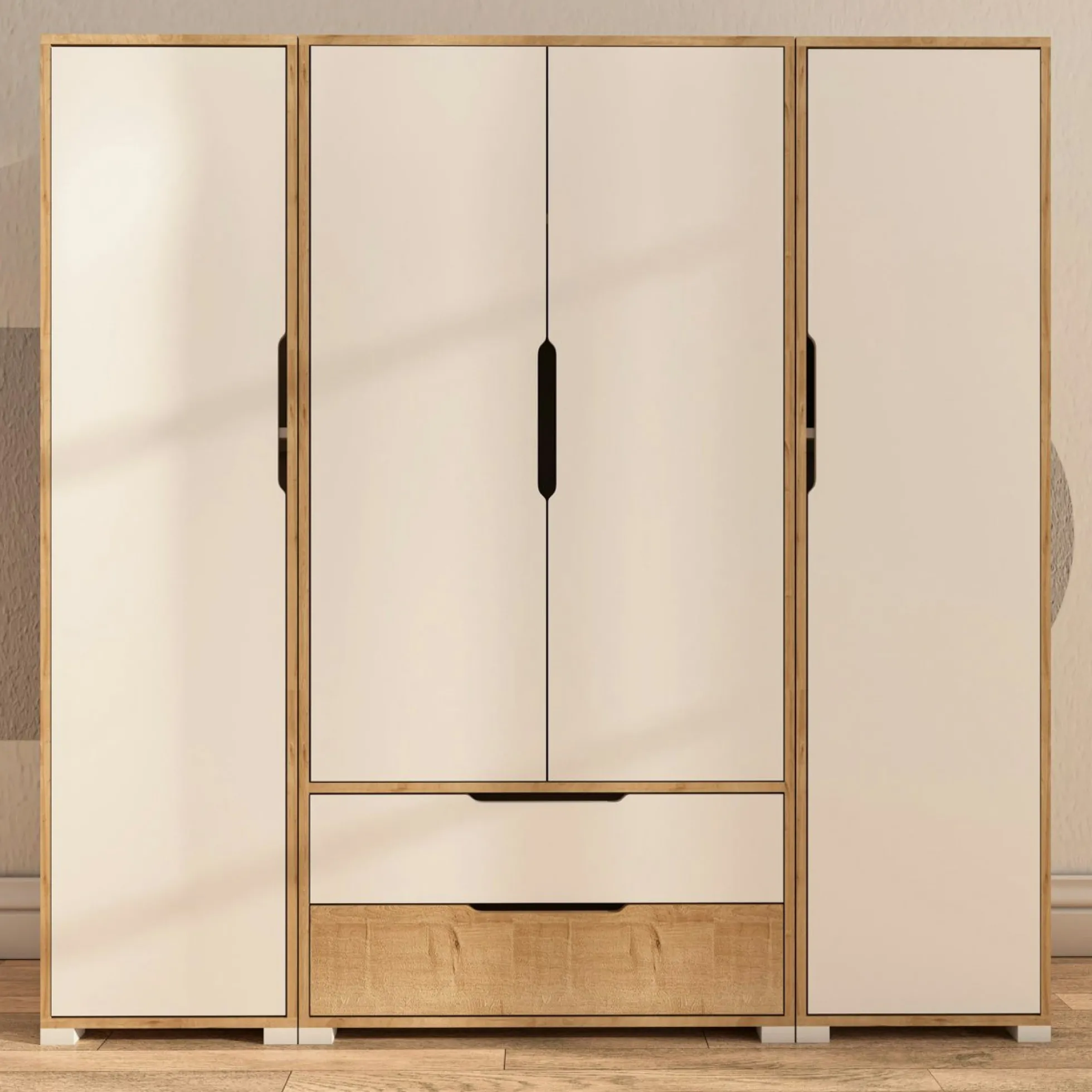 Armoire penderie 4 portes, effet bois et blanc BYRON