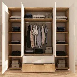 Armoire penderie 4 portes, effet bois et blanc BYRON