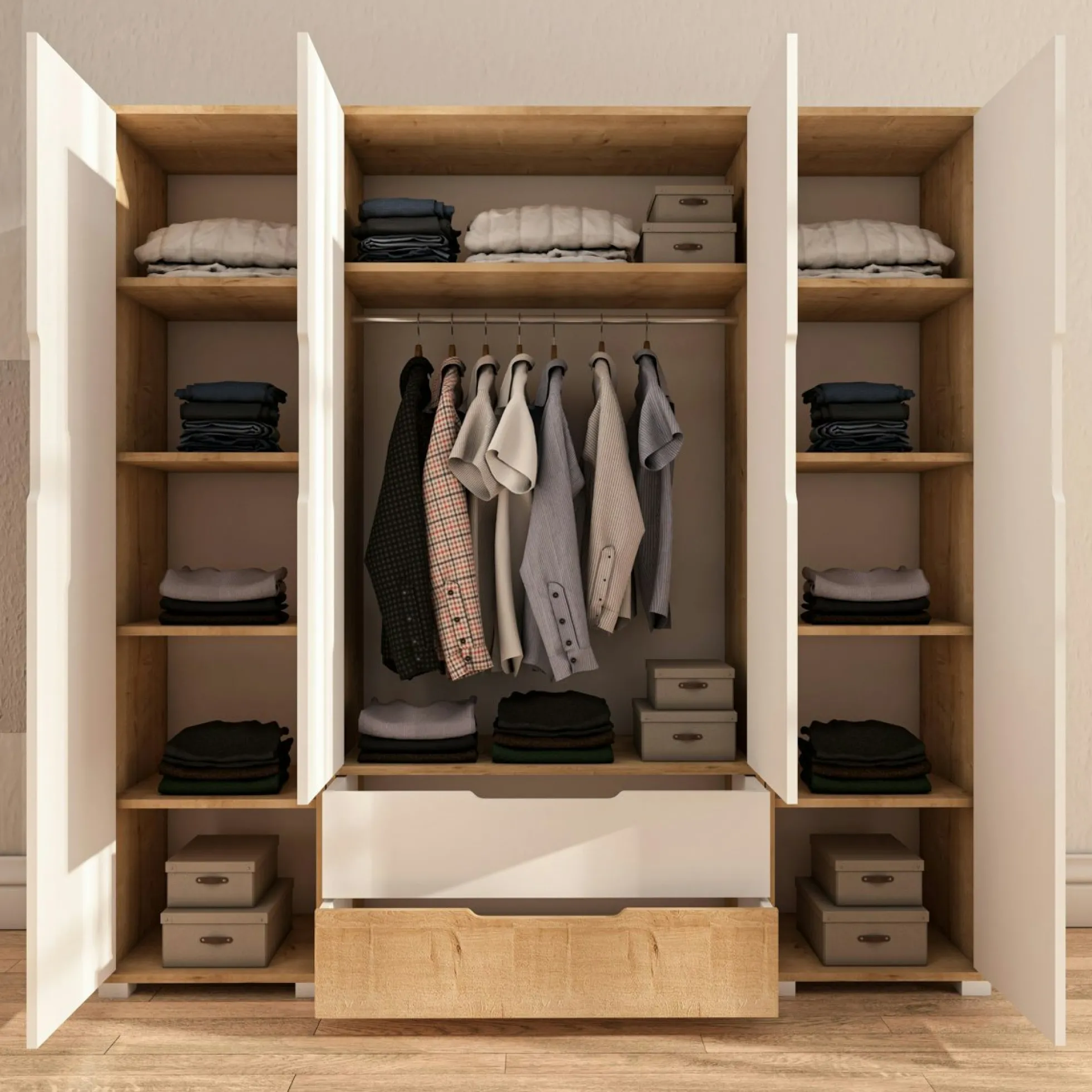 Armoire penderie 4 portes, effet bois et blanc BYRON