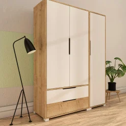 Armoire penderie 3 portes, effet bois et blanc BYRON