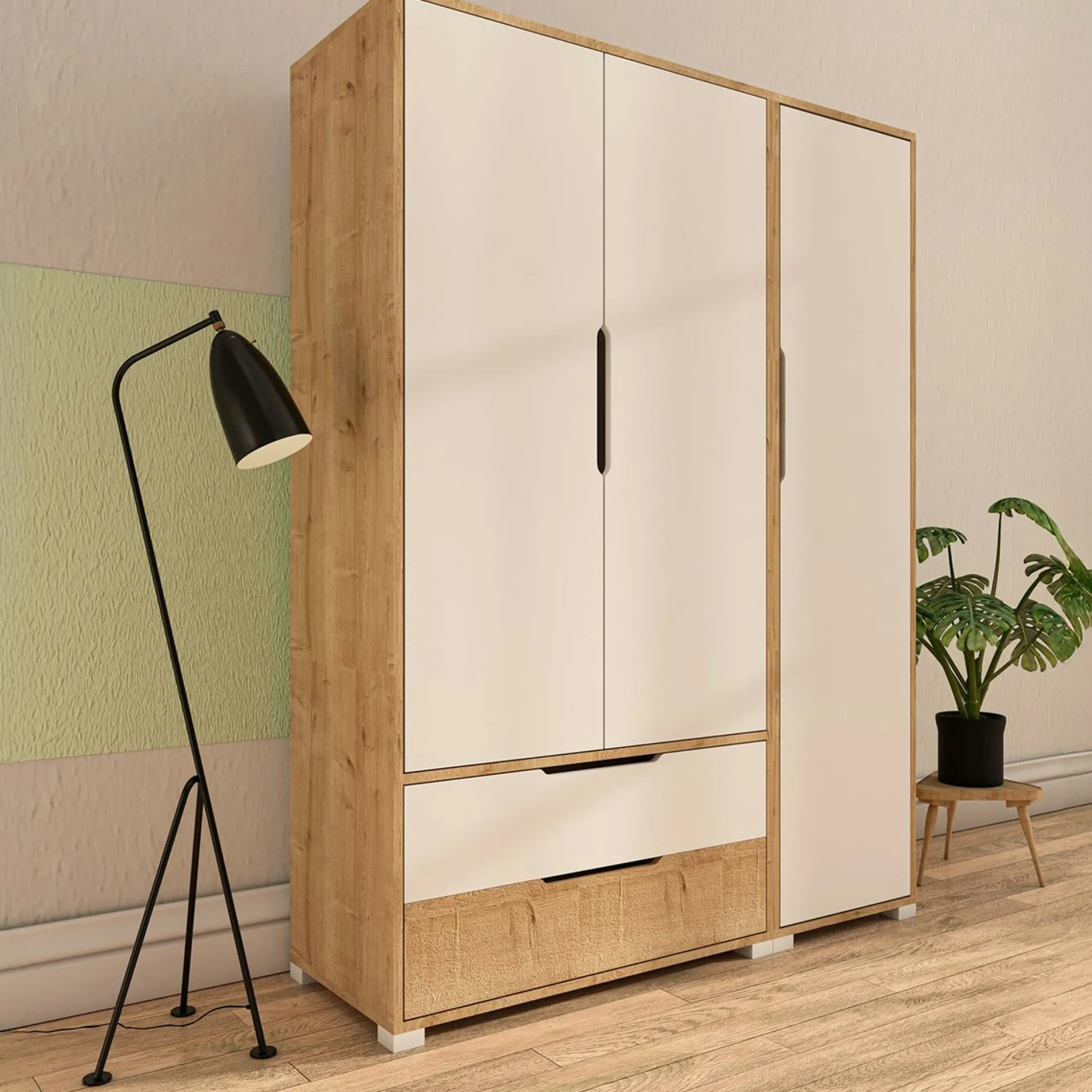 Armoire penderie 3 portes, effet bois et blanc BYRON
