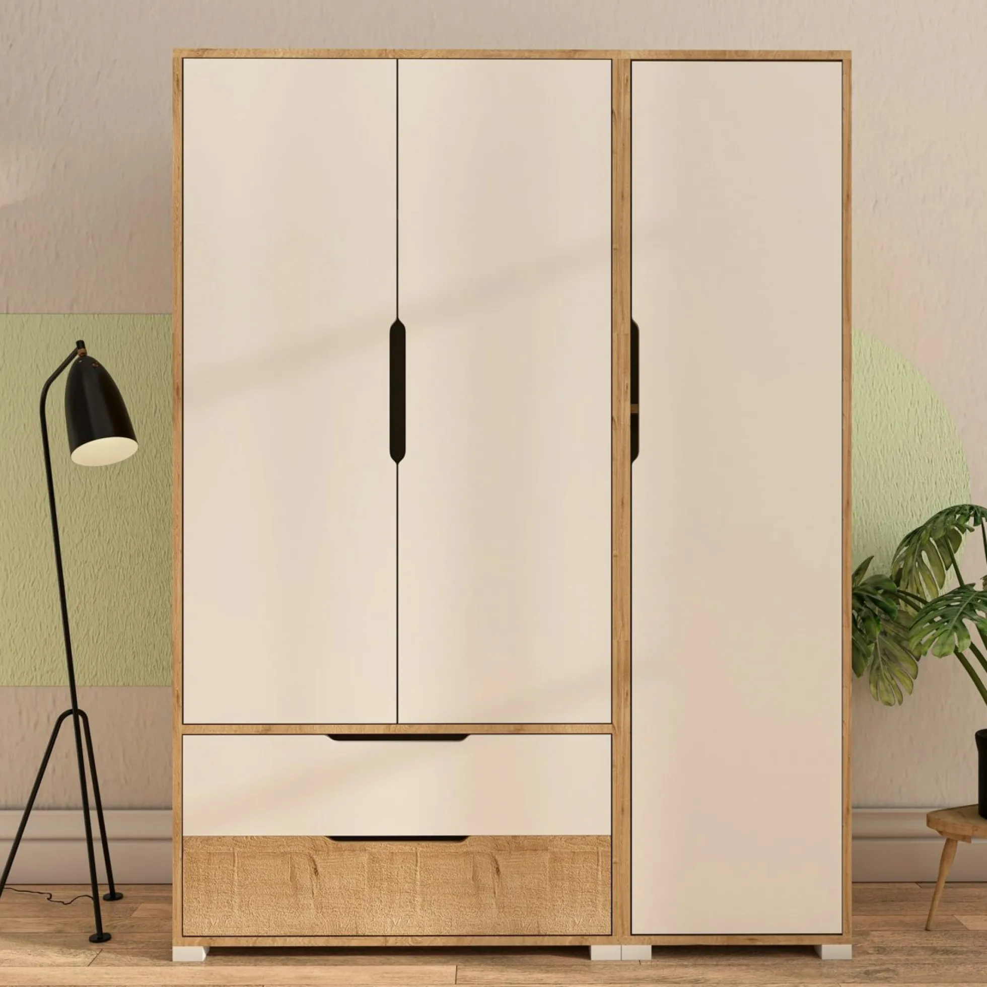 Armoire penderie 3 portes, effet bois et blanc BYRON