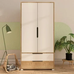 Armoire penderie 2 portes effet bois et blanc BYRON