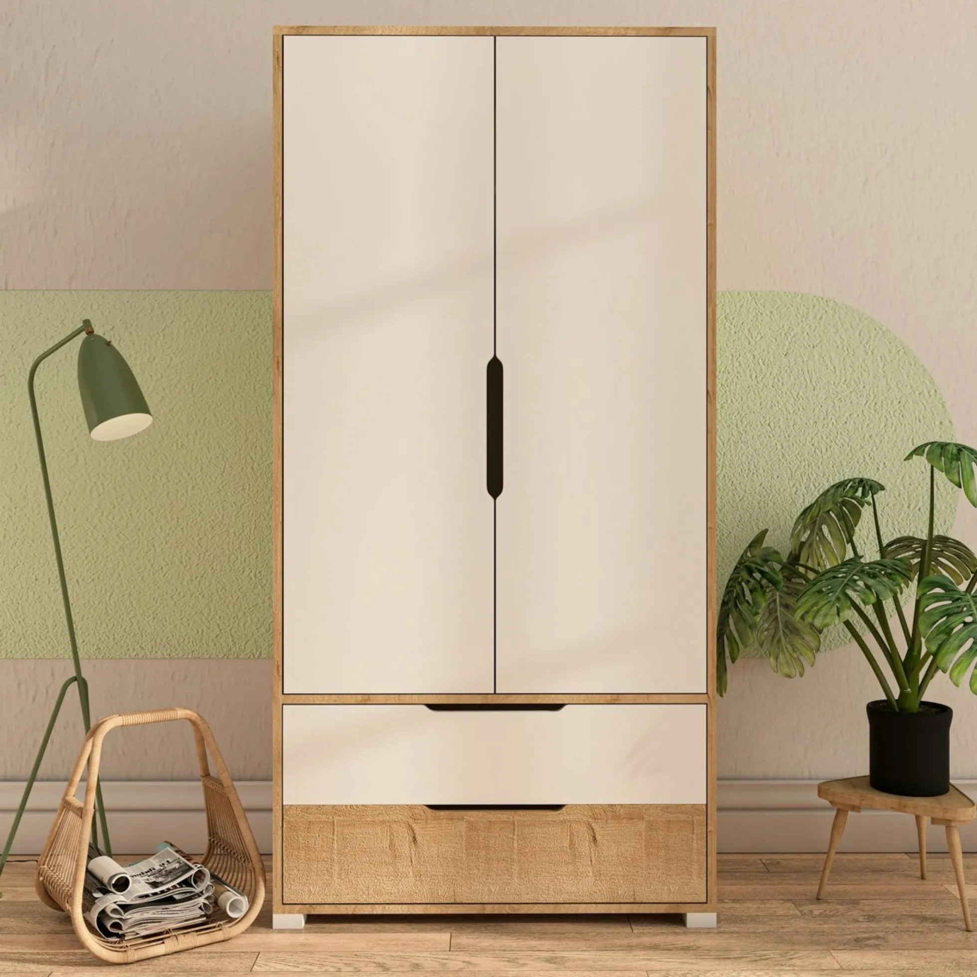 Armoire penderie 2 portes effet bois et blanc BYRON