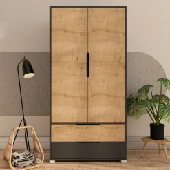 Armoire penderie 2 portes effet bois et anthracite BYRON