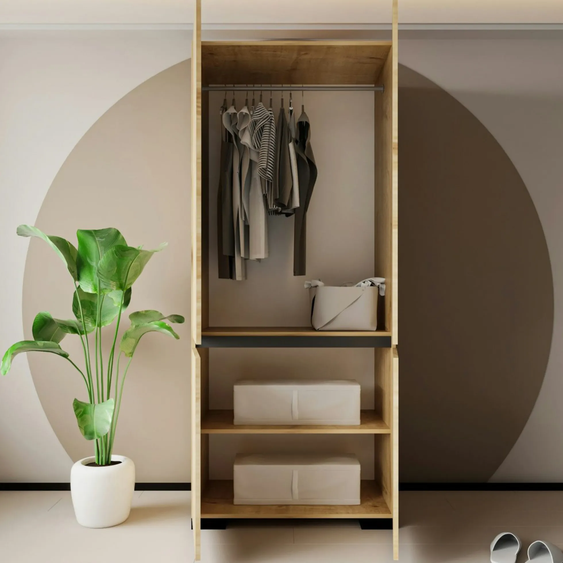 Armoire penderie 2 portes effet bois détail gris BYRON