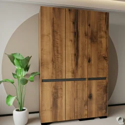 Armoire penderie 3 portes, effet noyer détail gris BYRON