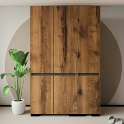 Armoire penderie 3 portes, effet noyer détail gris BYRON