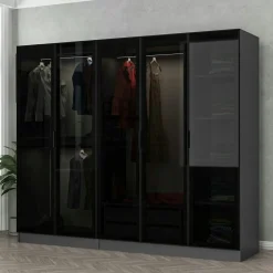 Armoire penderie 5 portes verre et cadre anthracite BYRON