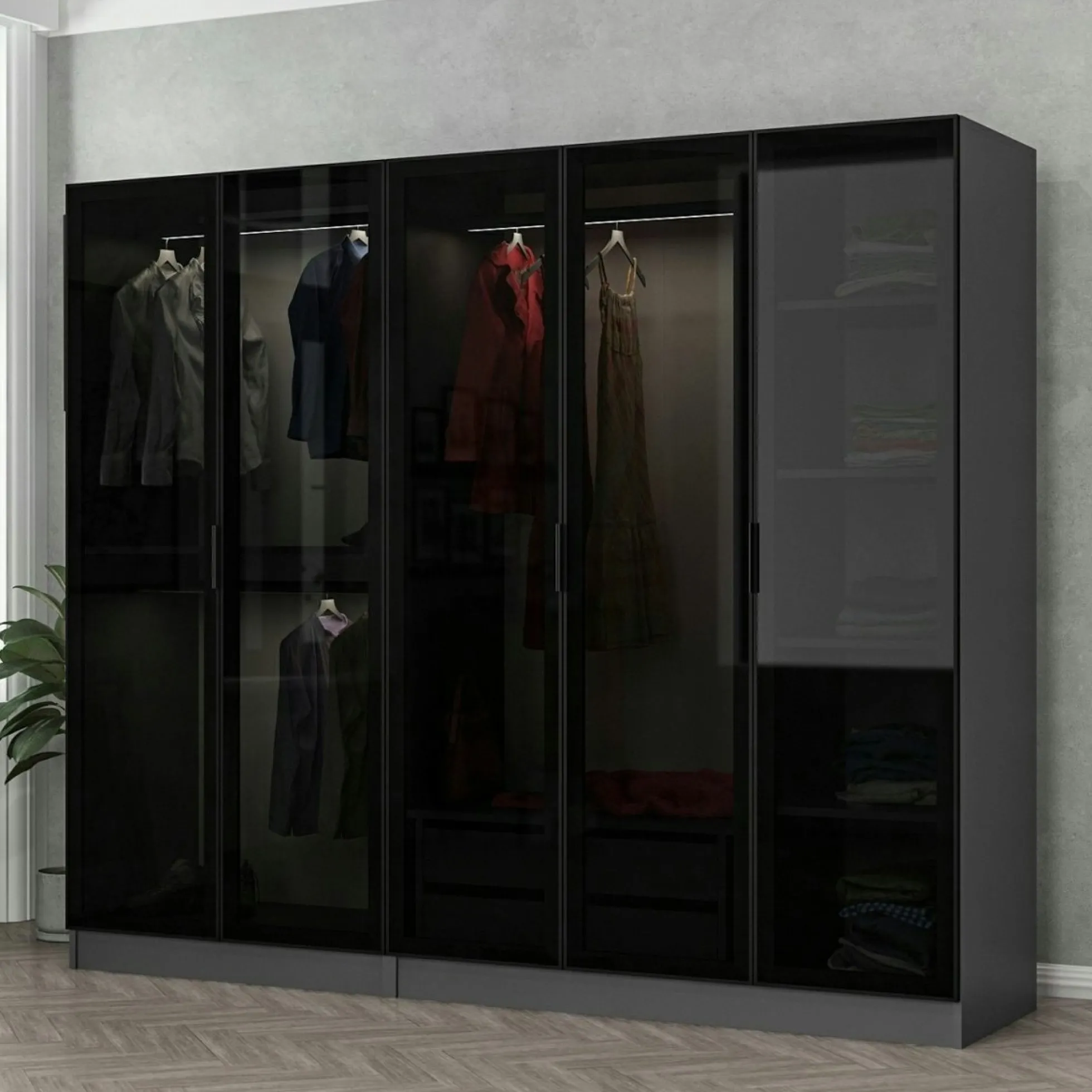 Armoire penderie 5 portes verre et cadre anthracite BYRON
