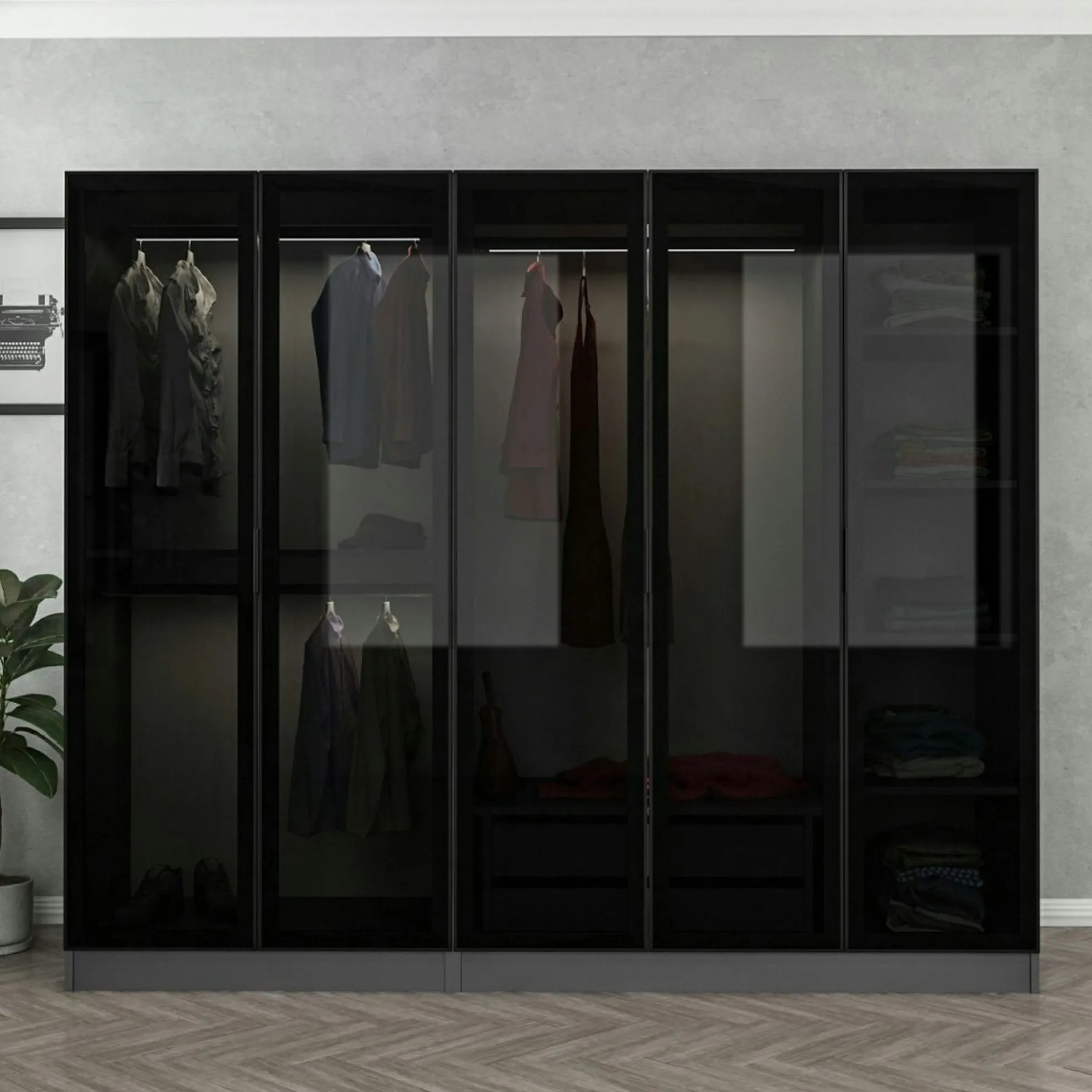 Armoire penderie 5 portes verre et cadre anthracite BYRON