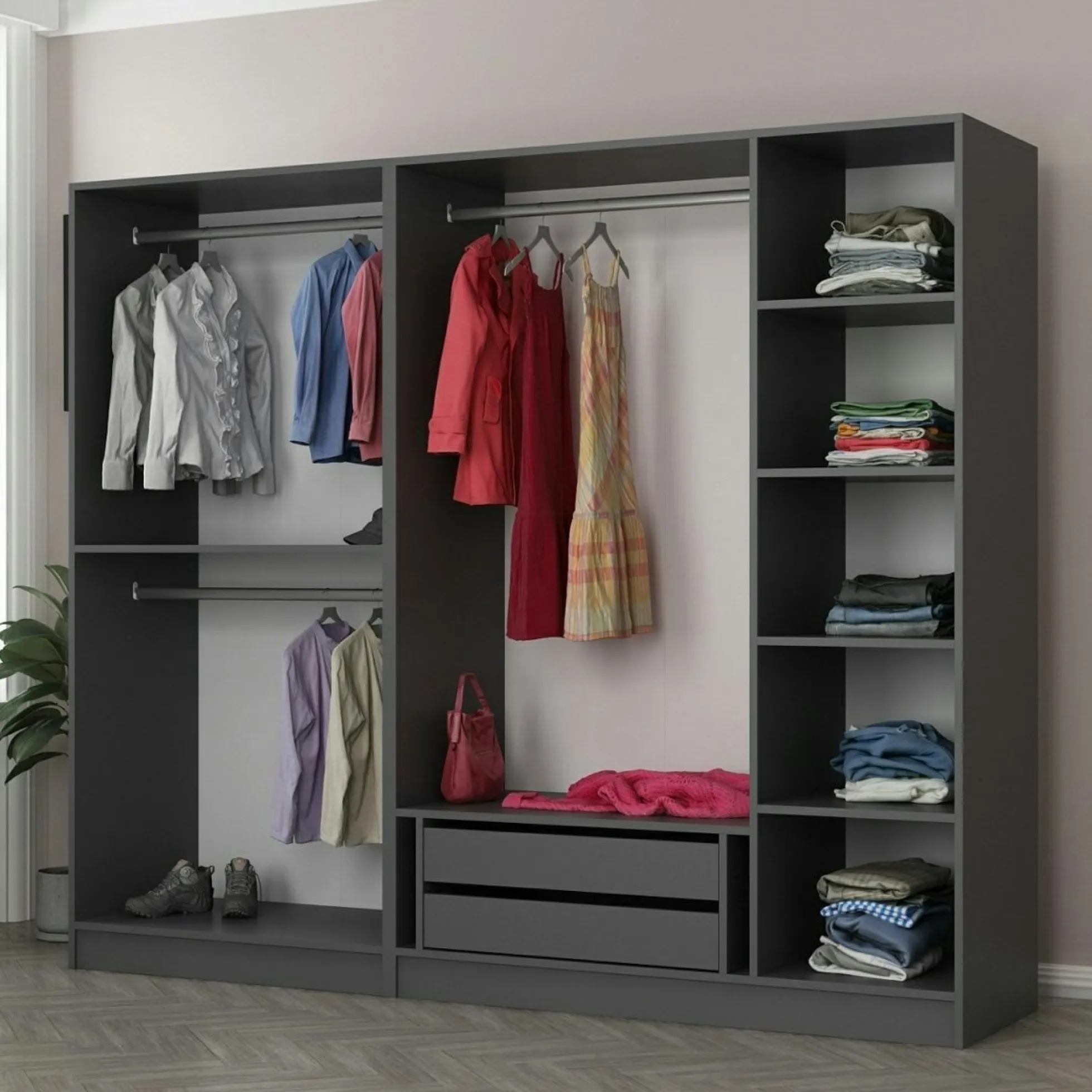 Armoire penderie 5 portes verre et cadre anthracite BYRON
