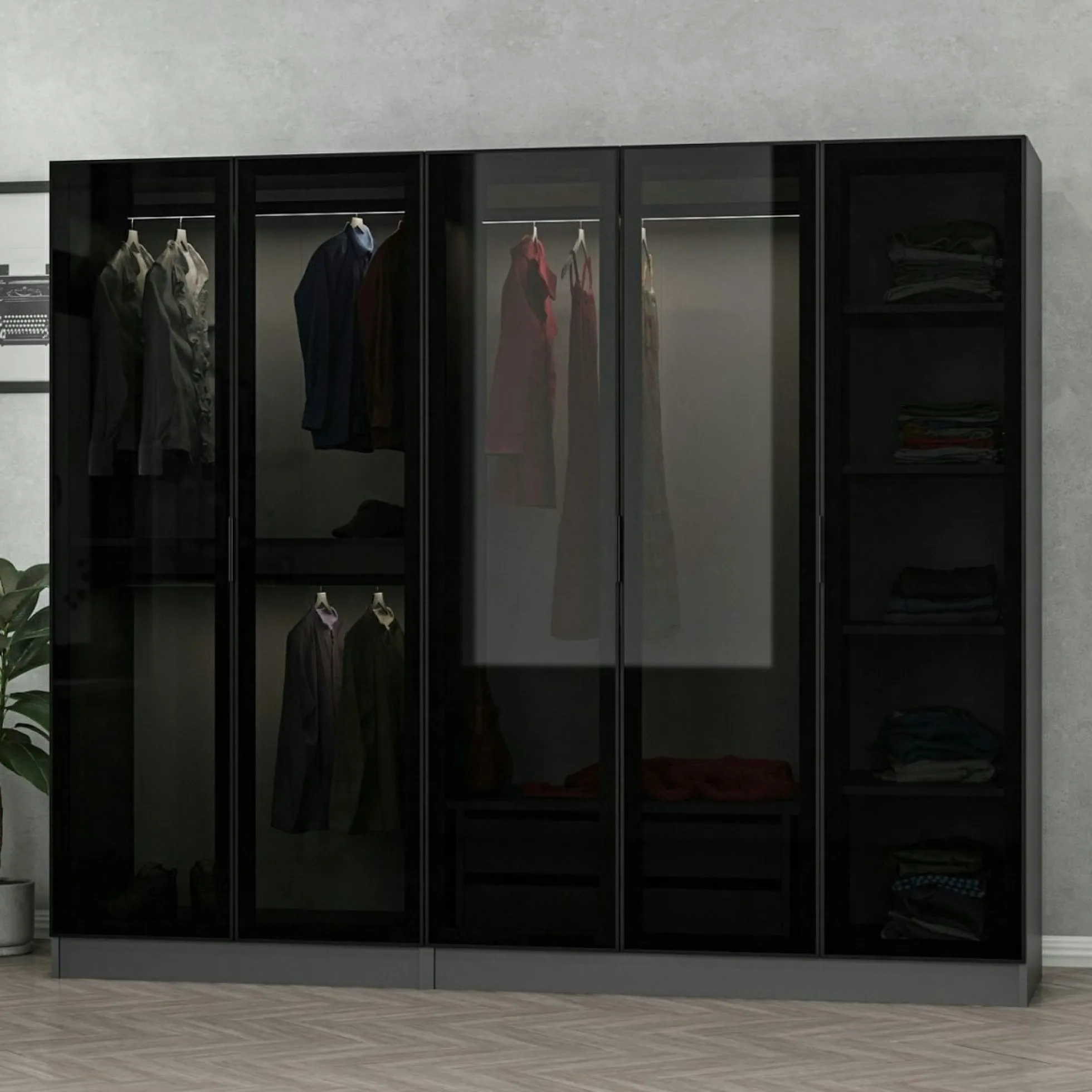 Armoire penderie 5 portes verre et cadre anthracite BYRON