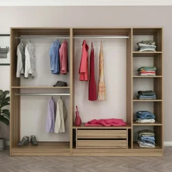 Armoire penderie 5 portes verre et cadre effet noyer BYRON