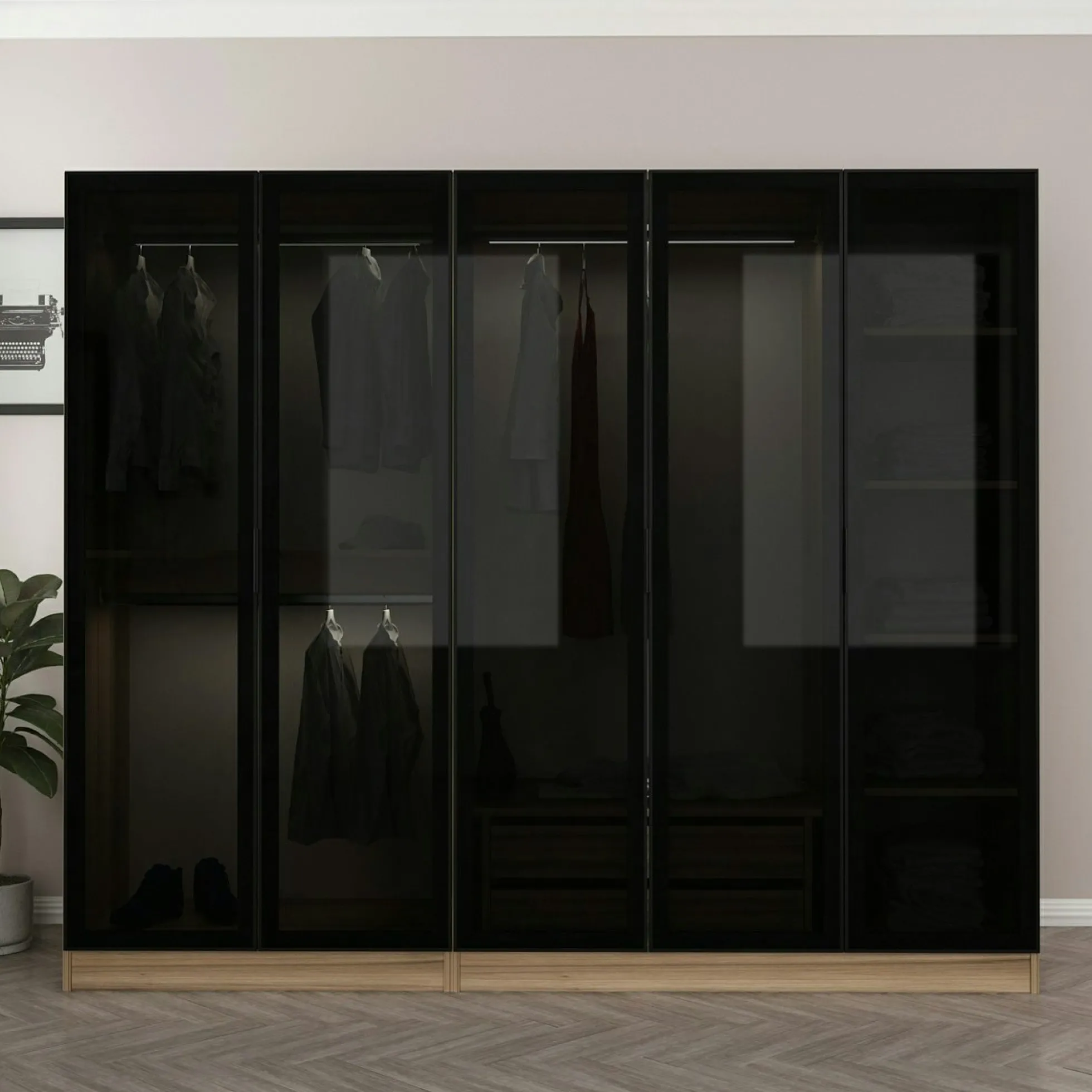 Armoire penderie 5 portes verre et cadre effet noyer BYRON