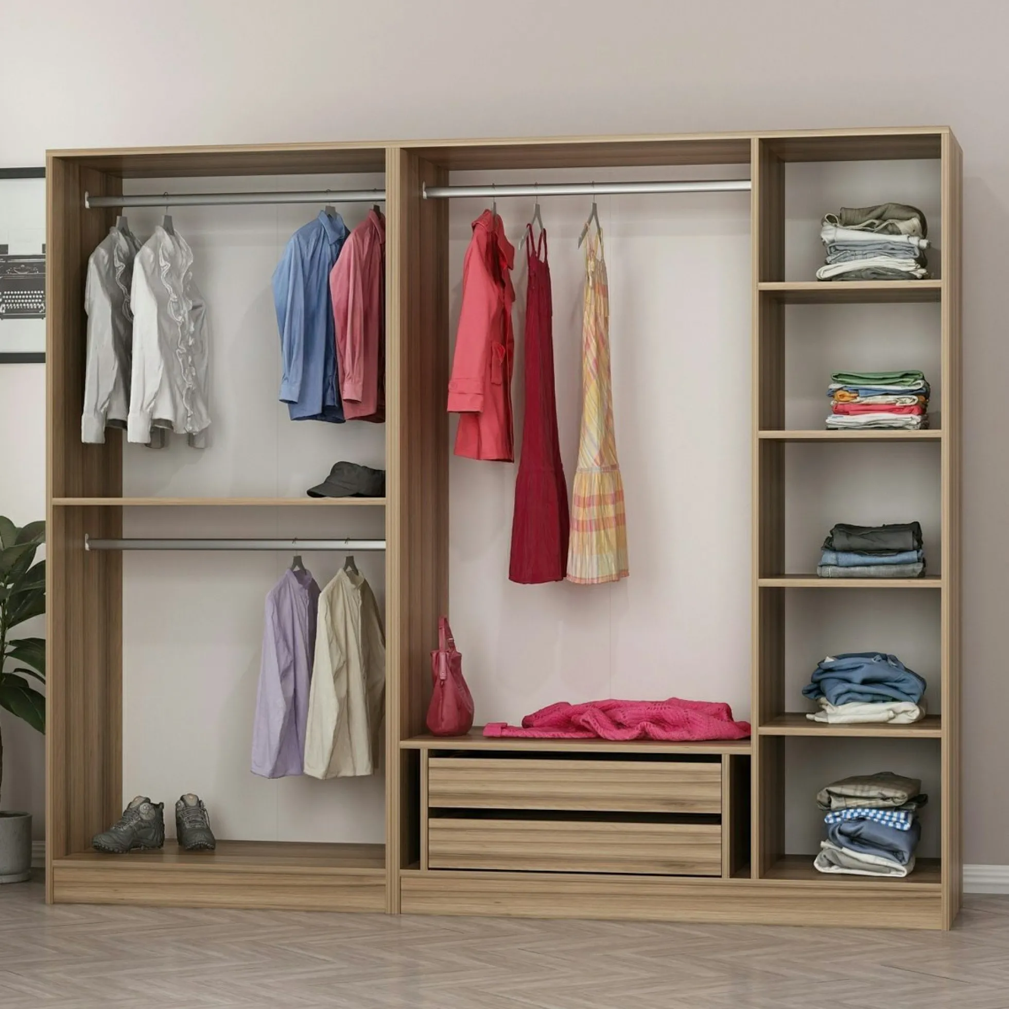 Armoire penderie 5 portes verre et cadre effet noyer BYRON