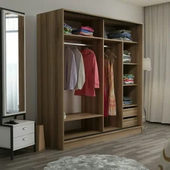 Armoire portes coulissantes effet bois & gris, 1 miroir BYRON